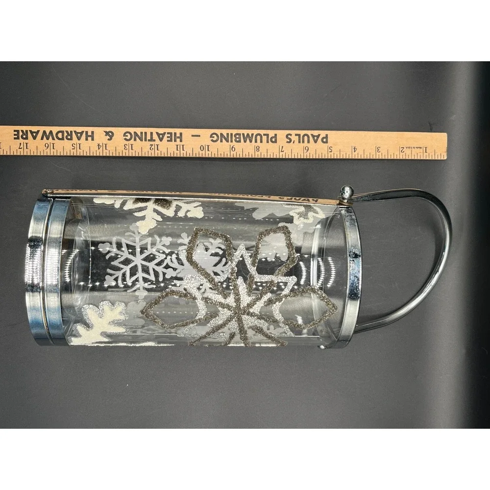 Silver Snowflake Glass Cylinder Candle Lantern Chrome Handle Winter Decor 10.25
